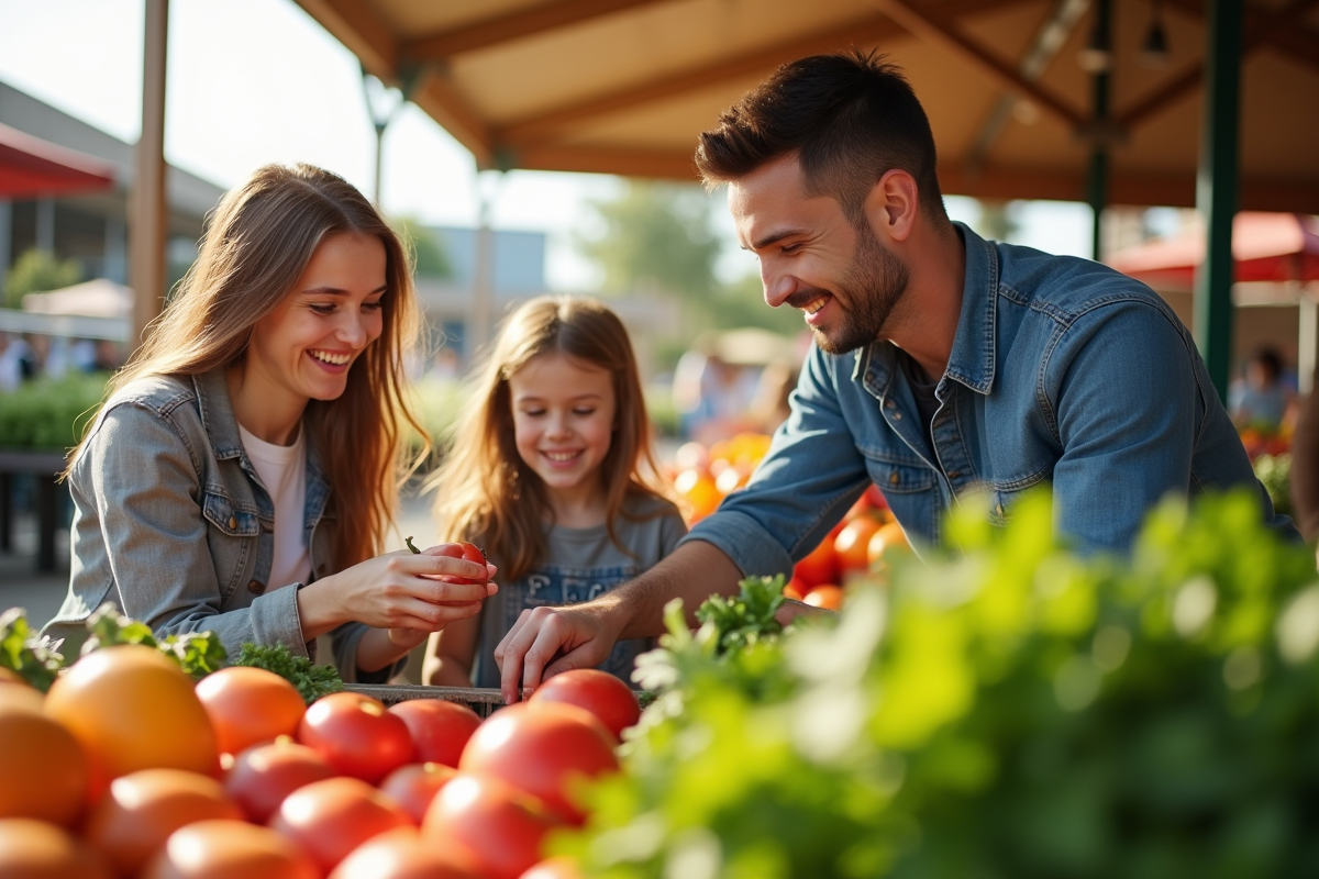 Famille heureuse achetant des produits bio au marché local