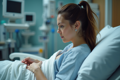 Femme en travail dans une salle de maternité moderne