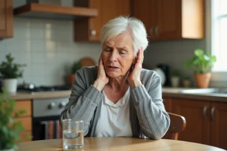 Femme âgée souffrant d'inconfort lié à un dentier sans palais, assise dans sa cuisine
