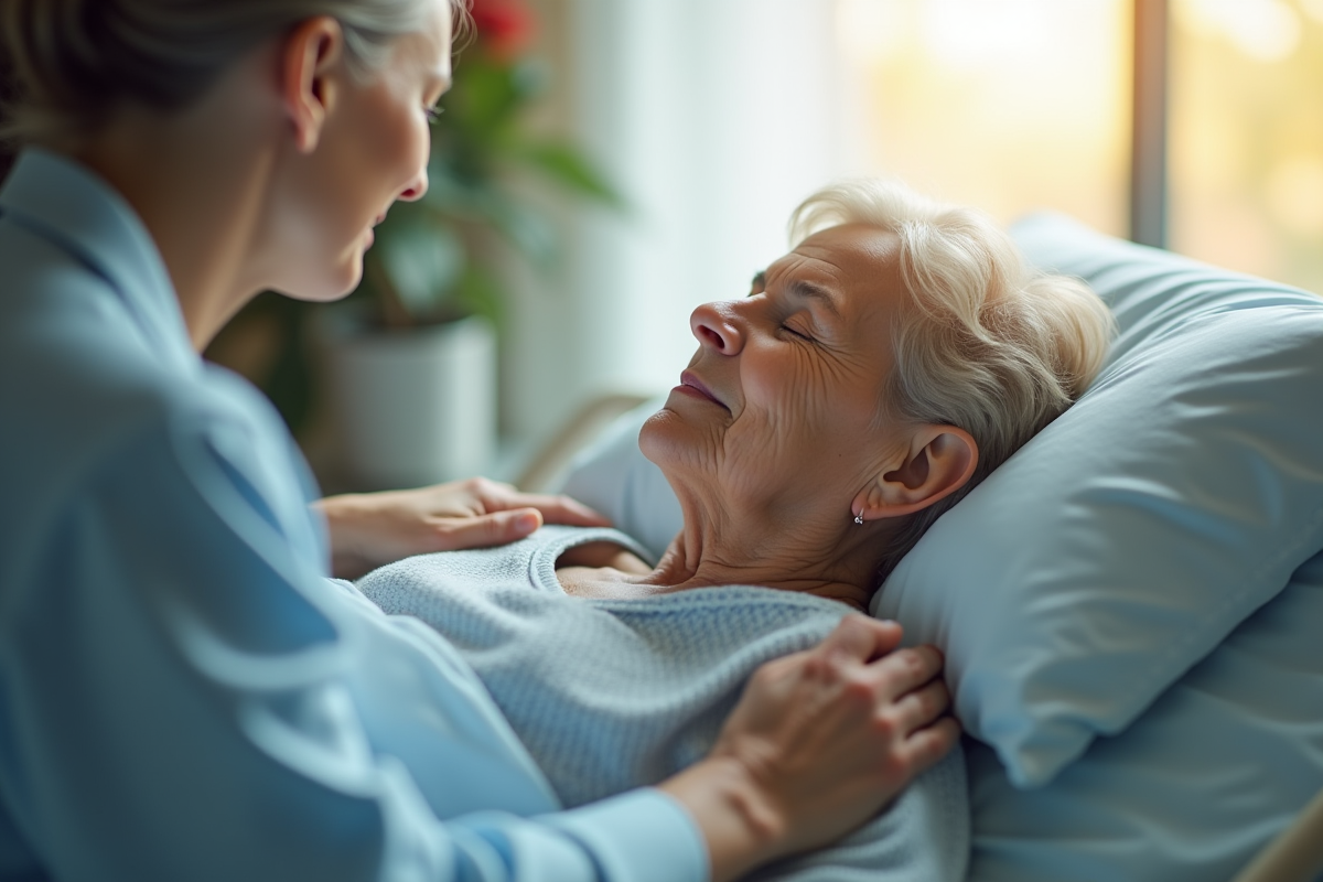 Femme agee reposee paisiblement dans un lit d'hopital