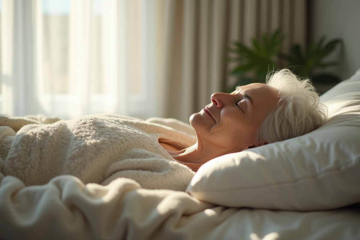 Femme agee dormant paisiblement dans une chambre lumineuse