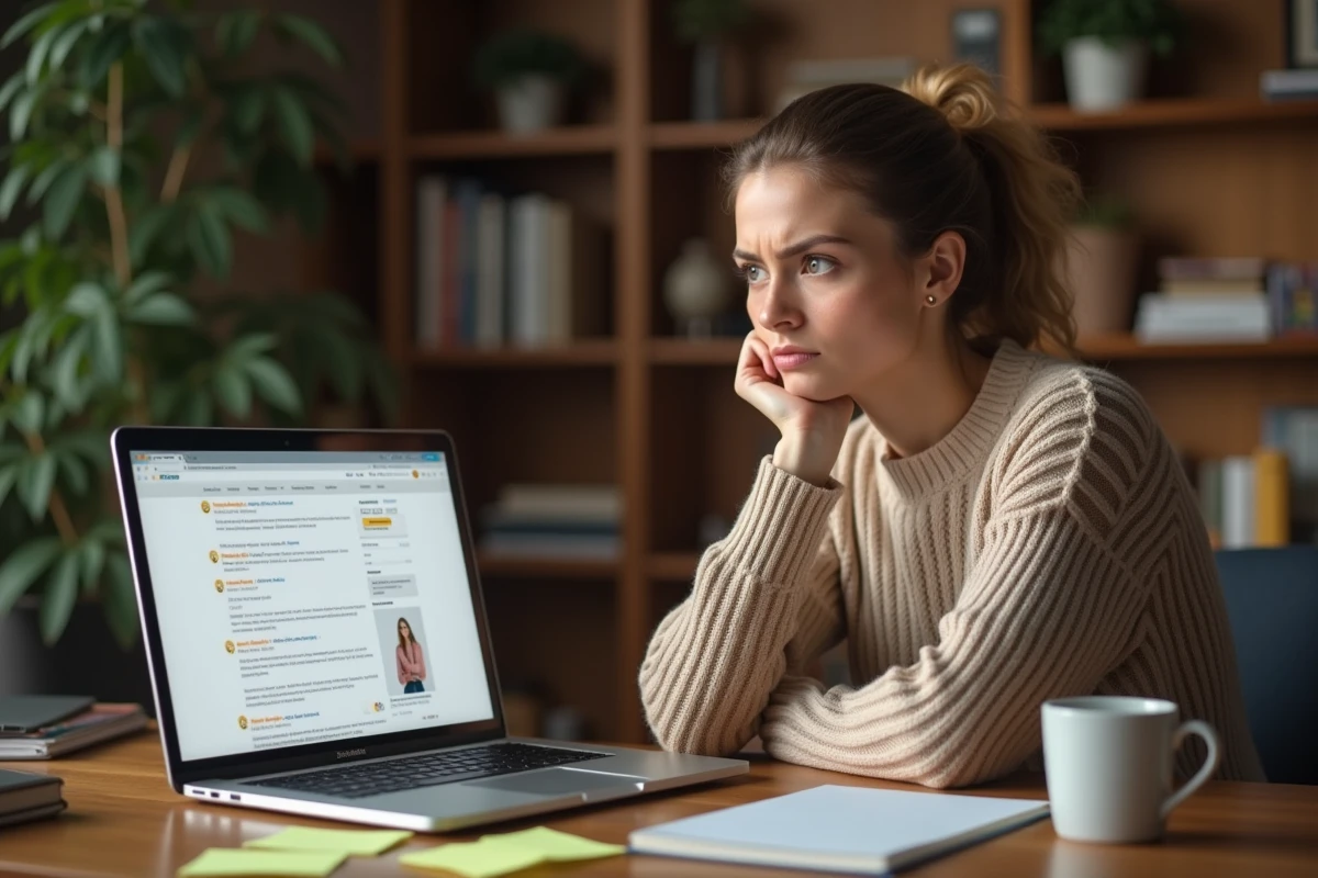 Femme sceptique analysant des avis clients sur un ordinateur portable dans un bureau à domicile, illustrant la détection de faux témoignages marketing