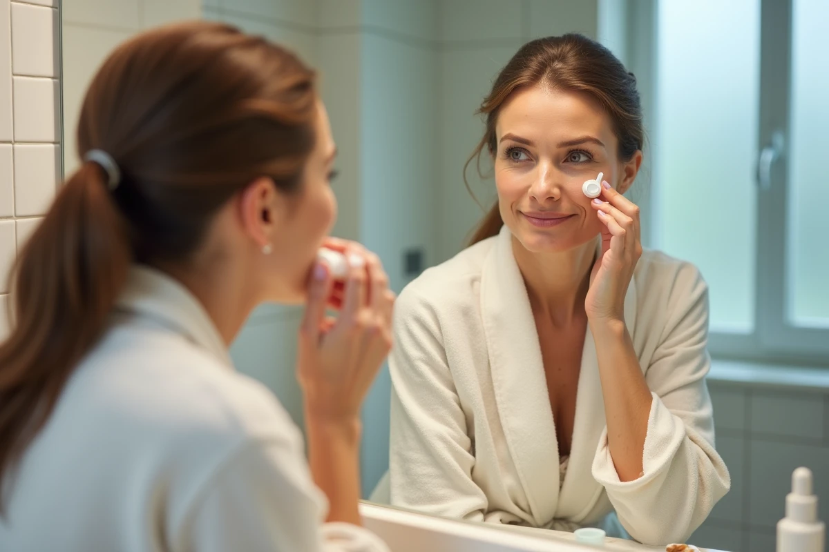 Femme de 50 ans appliquant un gel anti-rides à l'acide hyaluronique sur son visage devant un miroir de salle de bain