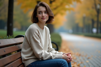 Jeune femme contemplative assise sur un banc dans un parc automnal