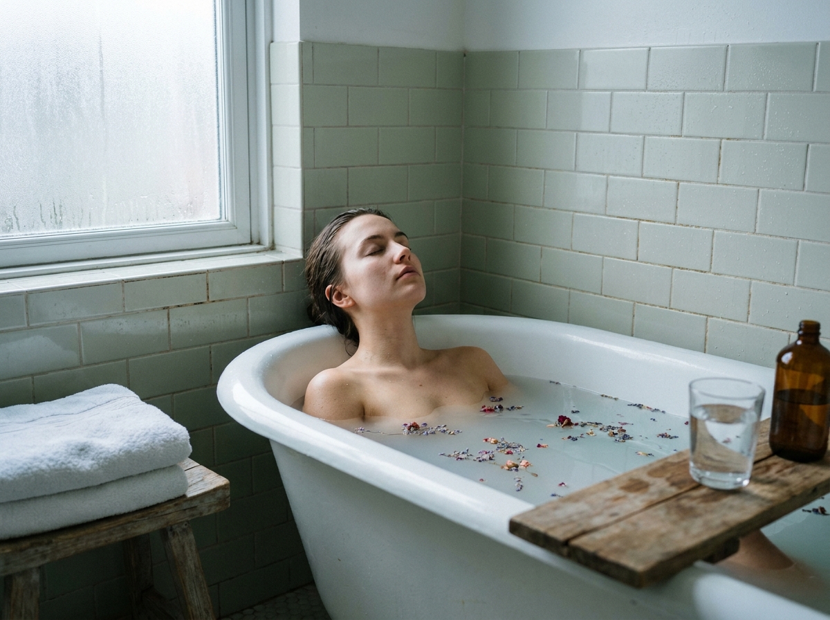 Jeune femme se détendant dans un bain aux plantes séchées dans une salle de bain vintage, illustrant la pause sensorielle nécessaire après les excès