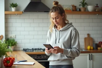 Femme consultant un blog minceur sur smartphone dans une cuisine moderne avec des légumes frais et un carnet de suivi nutritionnel