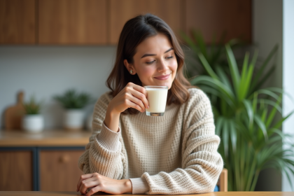 Femme souriante buvant de l'eau d'avoine à la maison