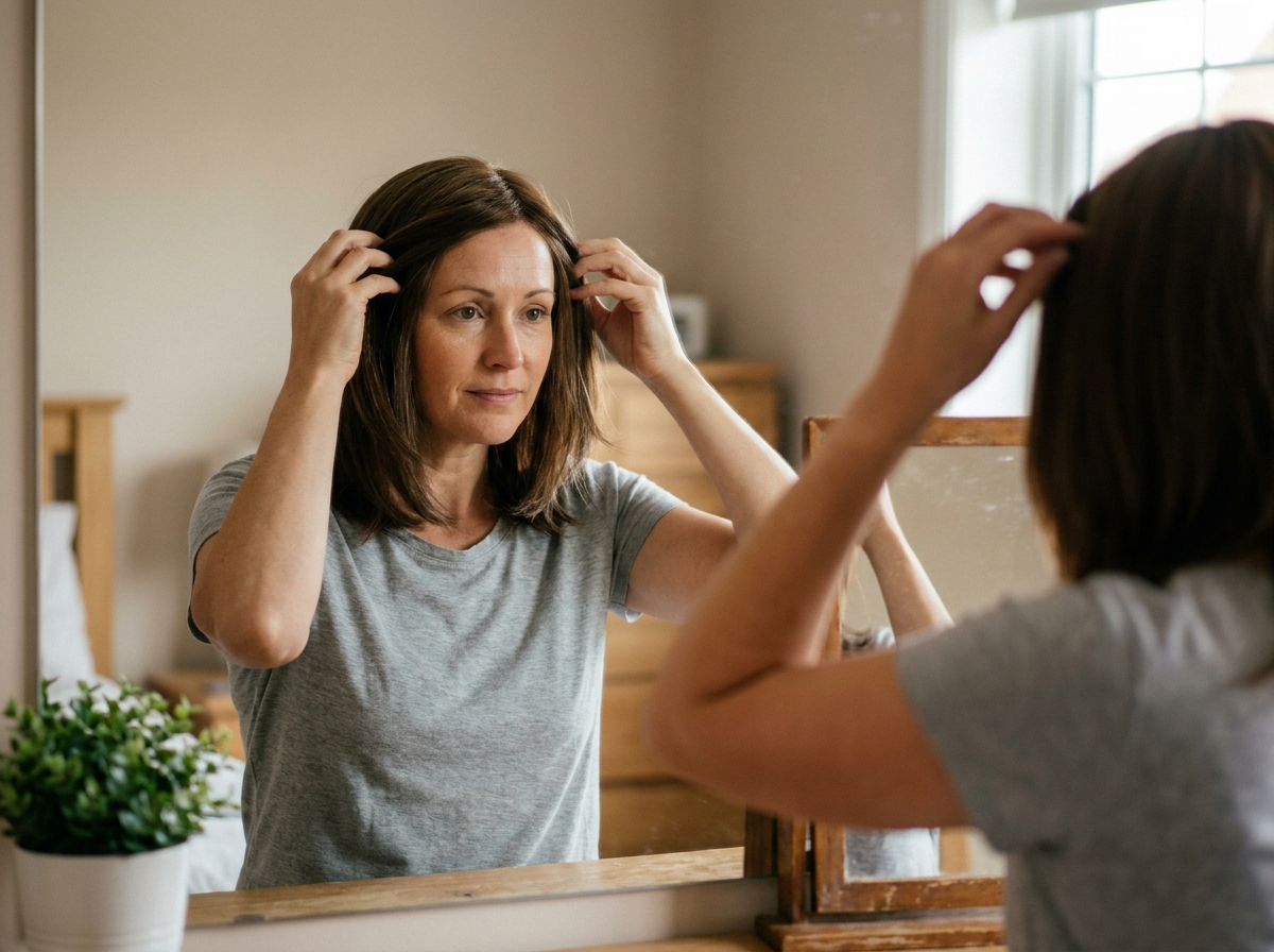 Femme atteinte de cancer essayant une perruque brune devant son miroir dans sa chambre
