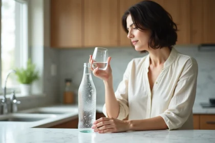 Femme lisant l'étiquette d'une bouteille d'eau minérale dans une cuisine moderne pour choisir la meilleure eau pour les reins et la tension