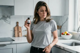 Femme tenant une bouteille de complément alimentaire Lumilean dans une cuisine moderne, lisant l'étiquette avec scepticisme