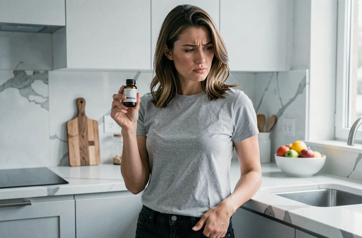 Femme tenant une bouteille de complément alimentaire Lumilean dans une cuisine moderne, lisant l'étiquette avec scepticisme