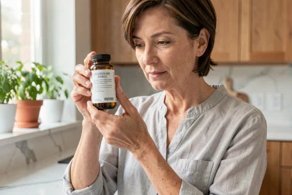 Femme d'une quarantaine d'années lisant l'étiquette d'un flacon de complément alimentaire Optiloba dans une cuisine moderne