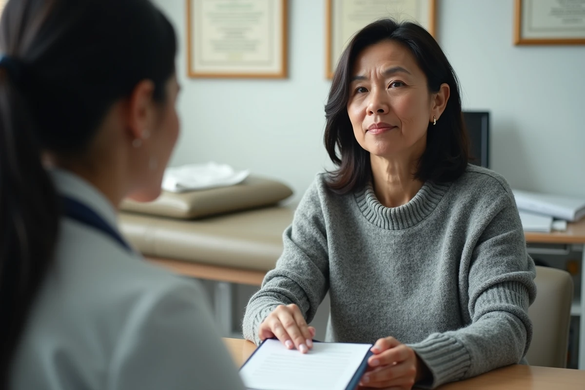 Femme en consultation médicale tenant une liste de questions préparée pour parler de ses fourmillements dans le bras gauche à son médecin généraliste