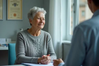 Femme d'une cinquantaine d'années en consultation médicale oncologique discutant d'une récidive de cancer avec son médecin