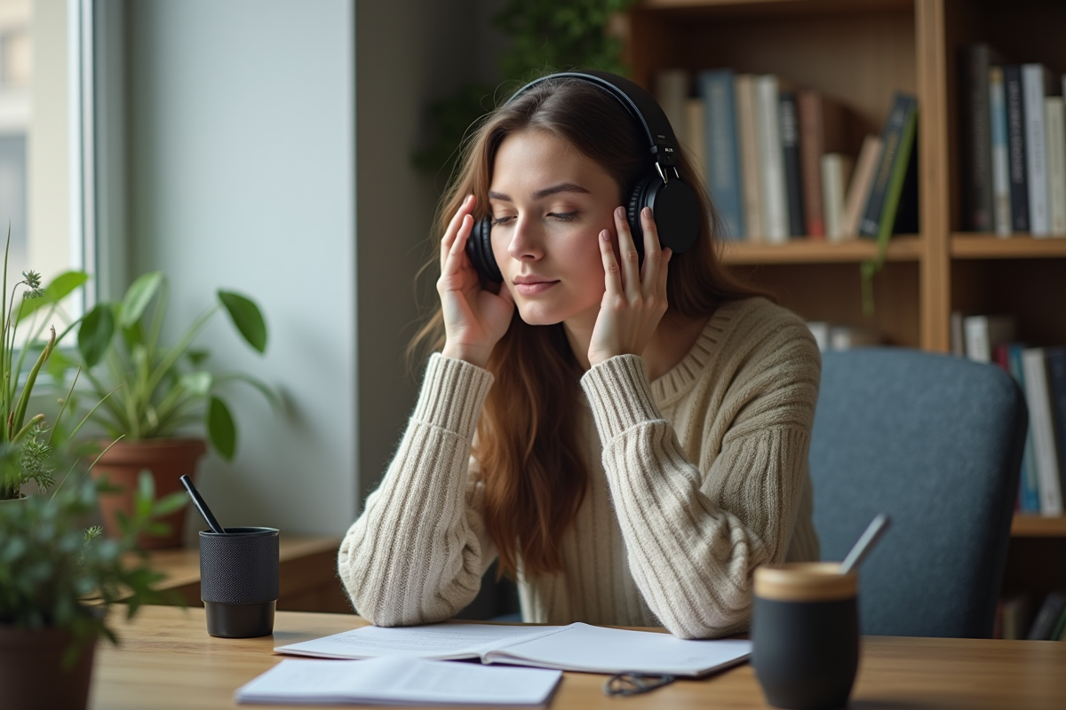 Jeune femme écoute musique classique avec casque dans un bureau lumineux