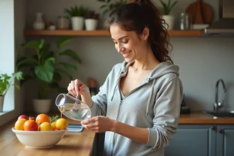 Femme souriante dans la cuisine avec fruits frais