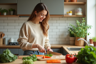 Jeune femme souriante coupe des légumes frais en cuisine