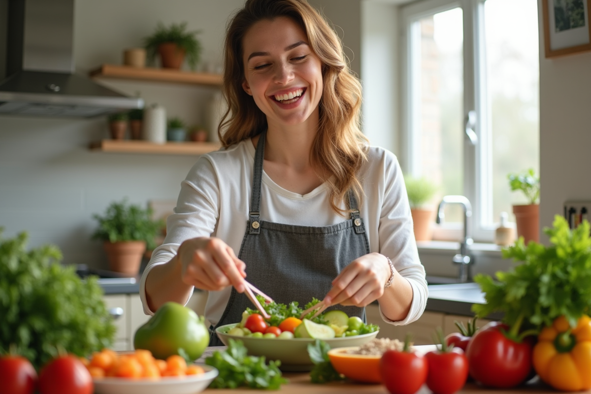 Femme joyeuse en cuisine préparant une salade fraîche