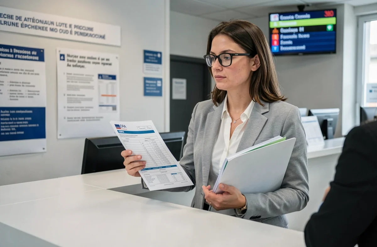 Femme déposant un dossier de bon de transport cerfa au guichet administratif