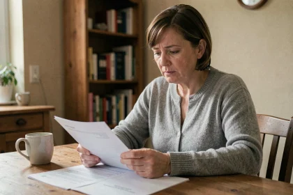 Femme consultant des documents administratifs MDPH à domicile pour connaître ses droits liés à une maladie reconnue