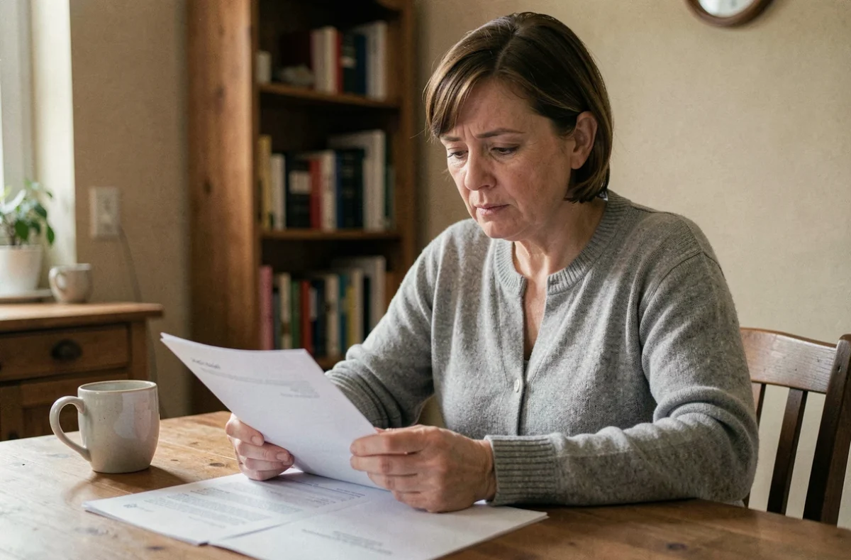 Femme consultant des documents administratifs MDPH à domicile pour connaître ses droits liés à une maladie reconnue