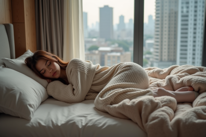 Femme endormie en pyjama dans un lit moderne et confortable