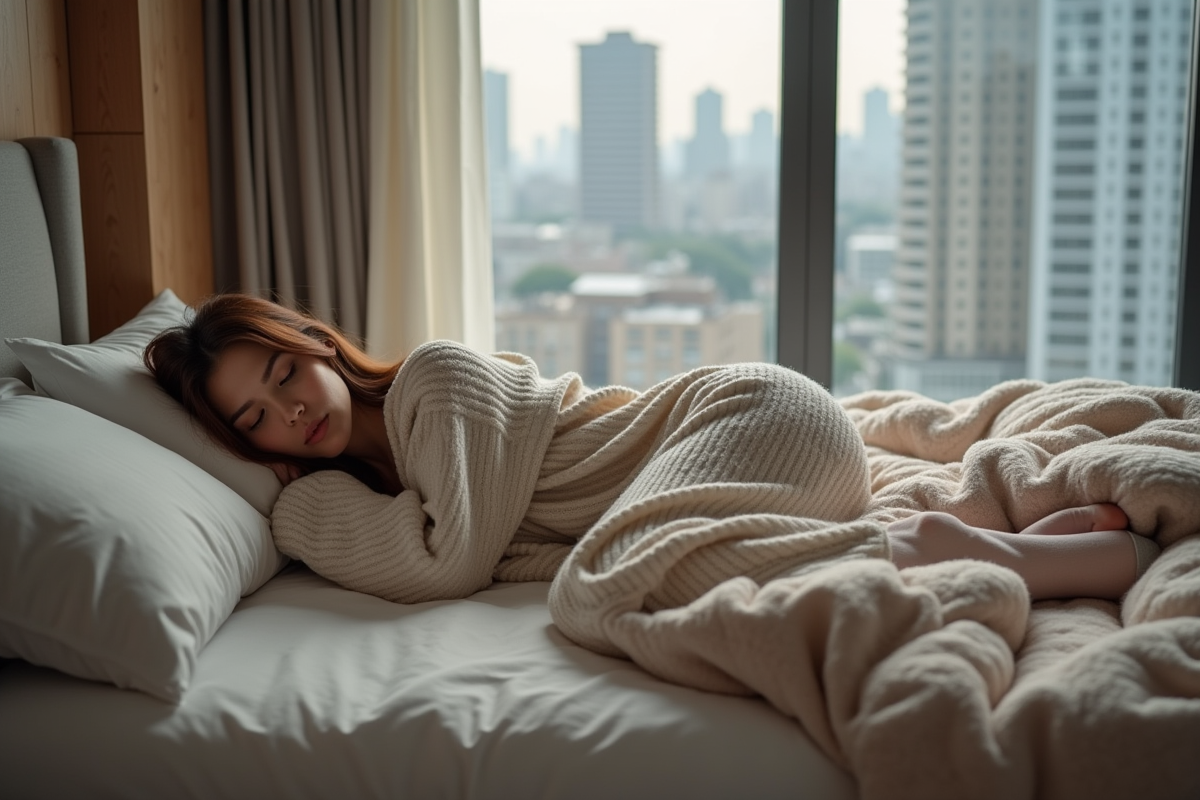 Femme endormie en pyjama dans un lit moderne et confortable