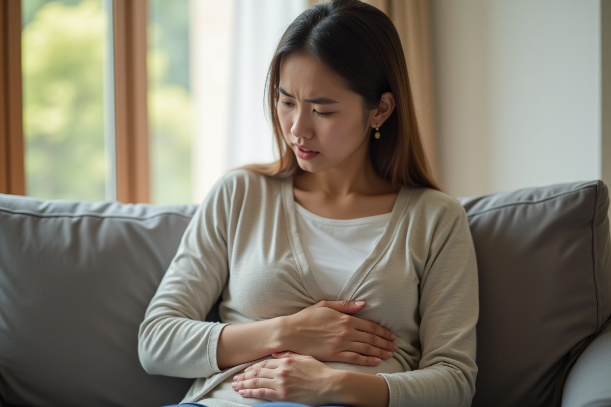 Jeune femme souffrant de douleur à l'abdomen dans un salon