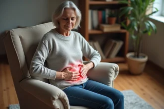 Femme d'âge moyen en détente avec douleur au dos à la maison