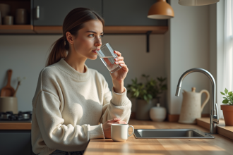 Femme buvant de l'eau dans une cuisine moderne