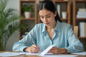 Femme écrivant une adresse postale sur une enveloppe à son bureau à domicile