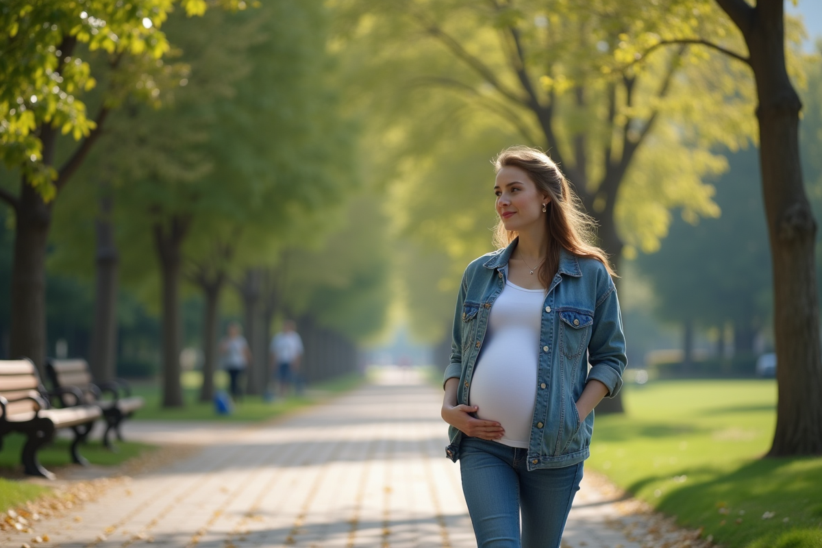 Femme enceinte marchant dans un parc urbain en pleine nature