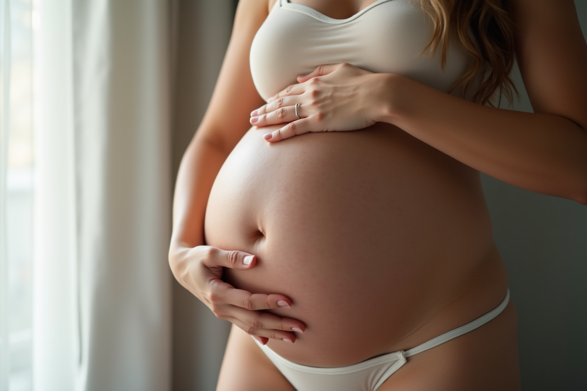 Femme enceinte touchant doucement son ventre avec ligne noire visible