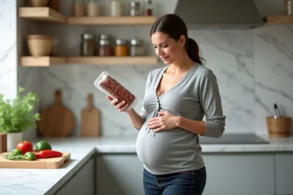Femme enceinte dans une cuisine moderne tenant un paquet de chorizo et réfléchissant à sa consommation pendant la grossesse