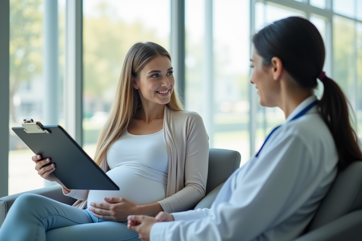 Femme enceinte avec professionnel de santé en clinique lumineuse