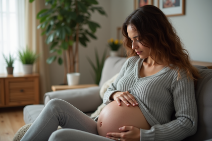 Femme enceinte assise sur un canapé dans un intérieur chaleureux