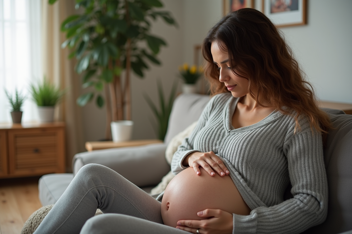 Femme enceinte assise sur un canapé dans un intérieur chaleureux