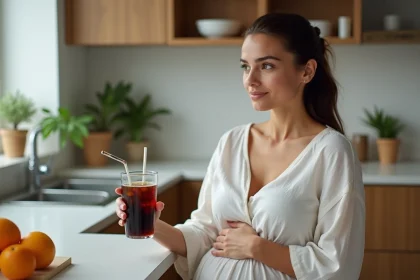Femme enceinte assise &agrave; la cuisine avec un cola naturel