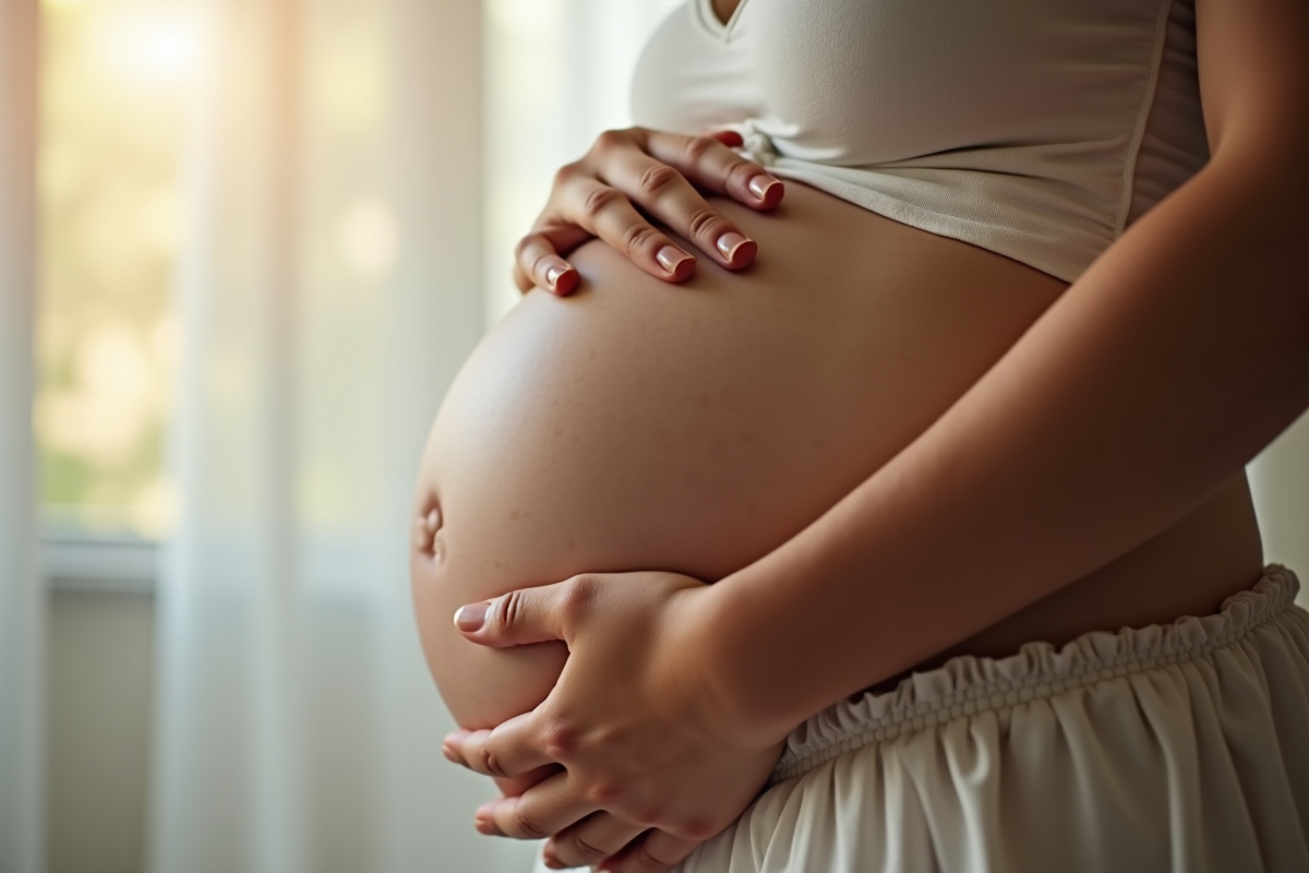 Femme enceinte posant doucement ses mains sur le ventre