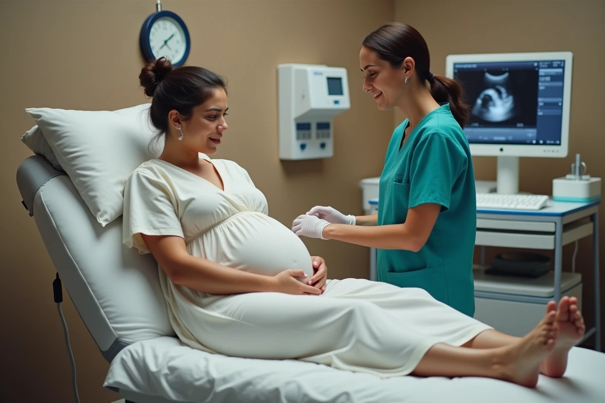 Femme enceinte lors d'une échographie précoce du sac gestationnel à 5 semaines d'aménorrhée en cabinet médical