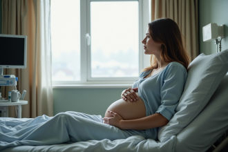 Femme enceinte assise dans un lit d'hôpital regardant par la fenêtre