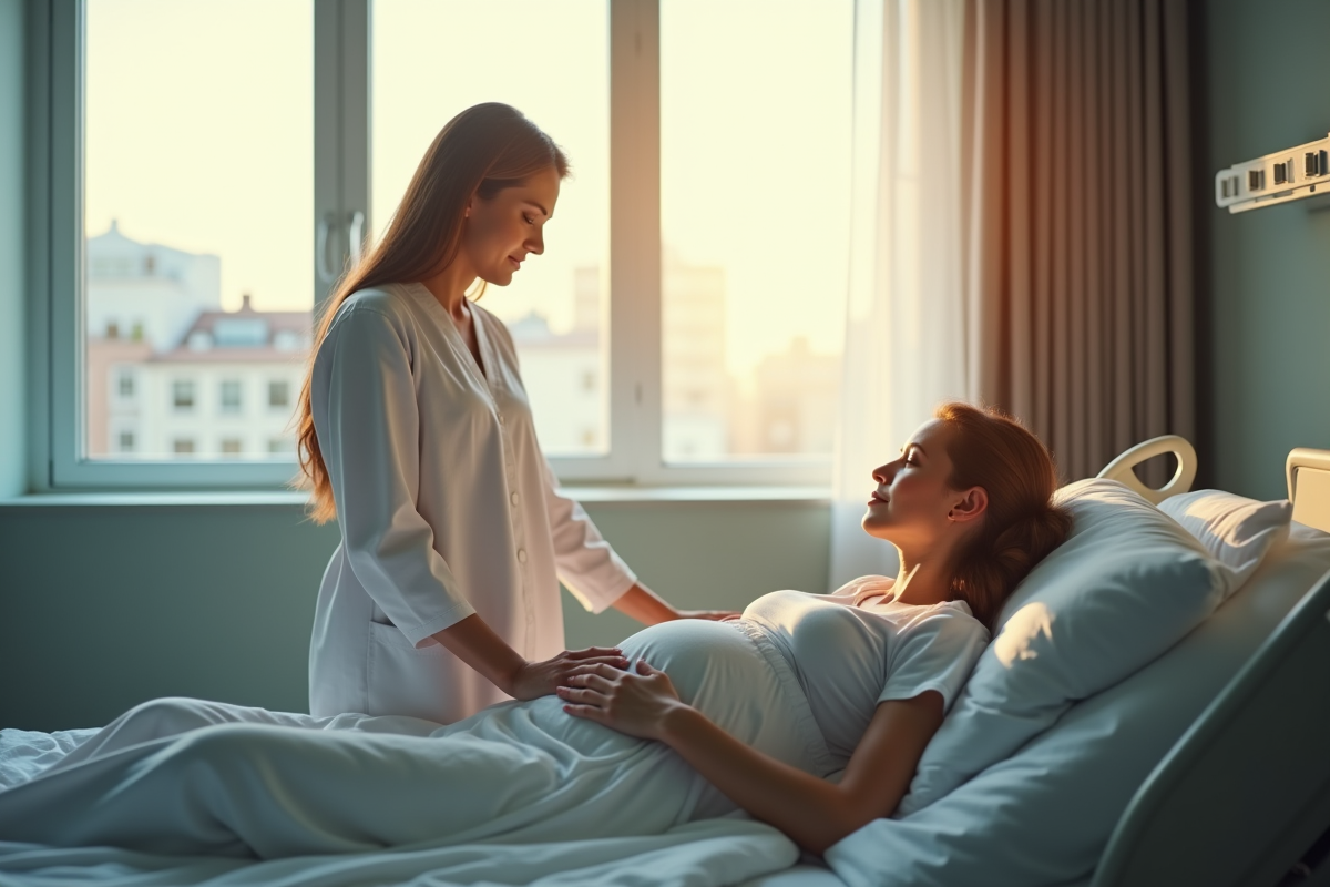 Femme enceinte dans un lit d'hôpital avec partenaire et sage femme