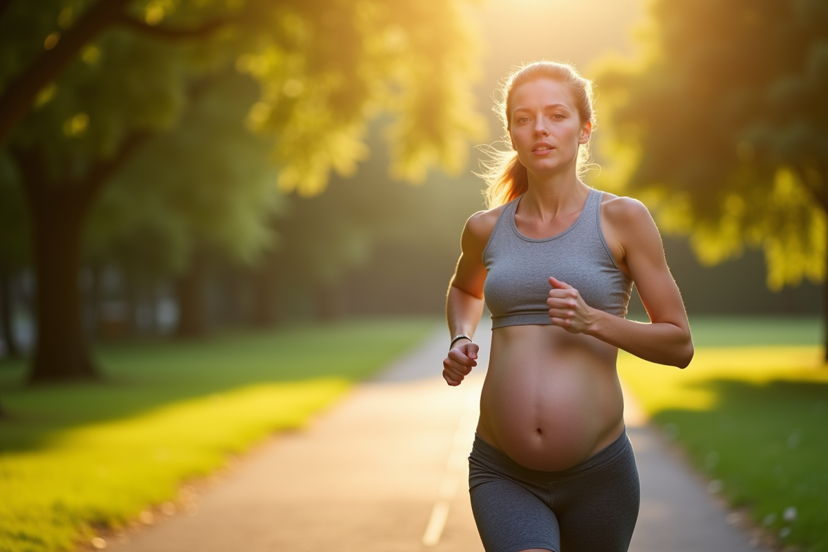 Femme enceinte courant dans un parc en matinée ensoleillée