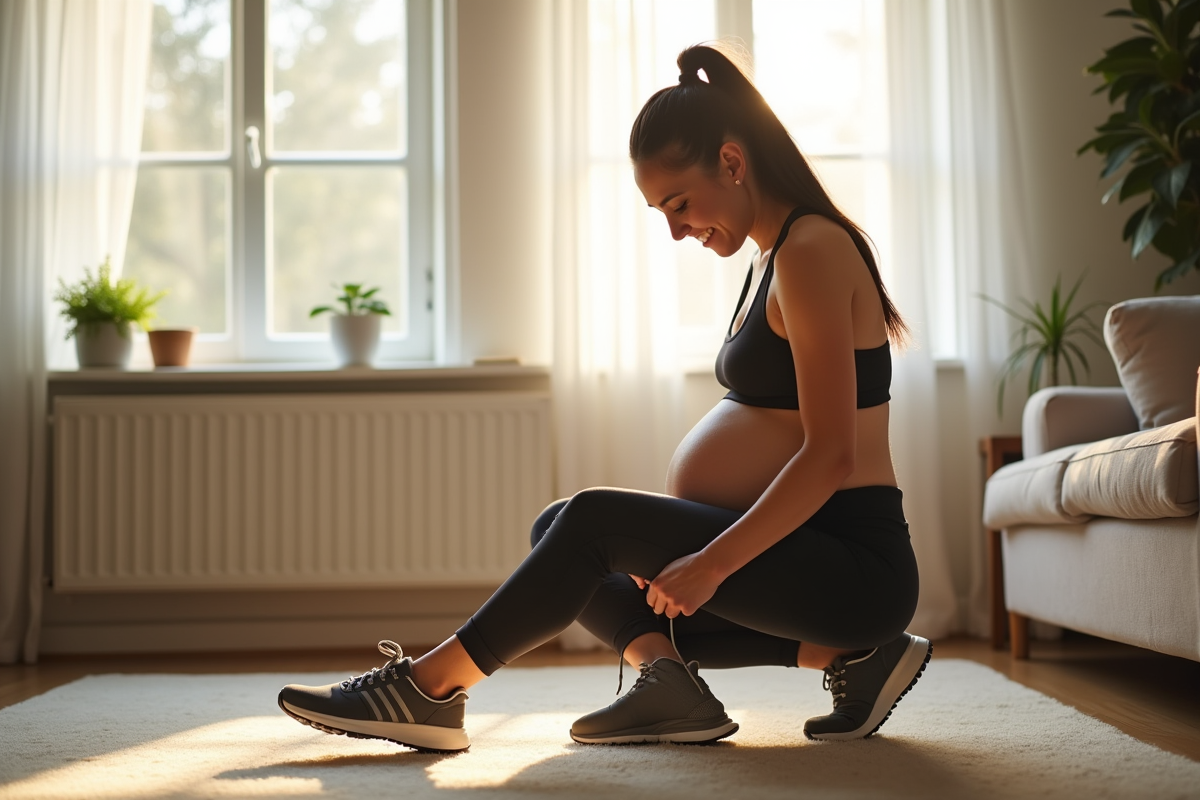 Femme enceinte nouant ses chaussures de sport dans un salon lumineux