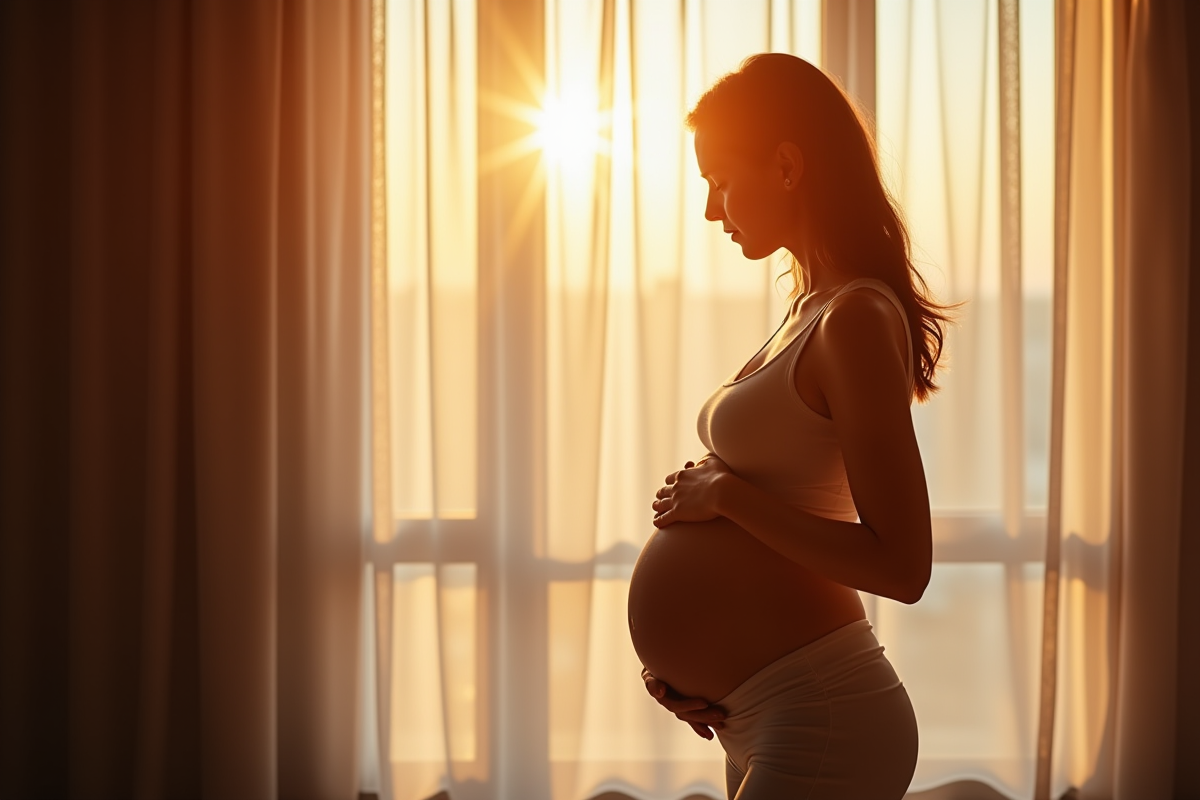 Femme enceinte près d'une fenêtre lumineuse en lumière naturelle