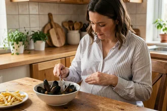 Femme enceinte hésitante devant une assiette de moules frites à la maison