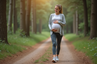Femme enceinte marchant dans la forêt en pleine nature