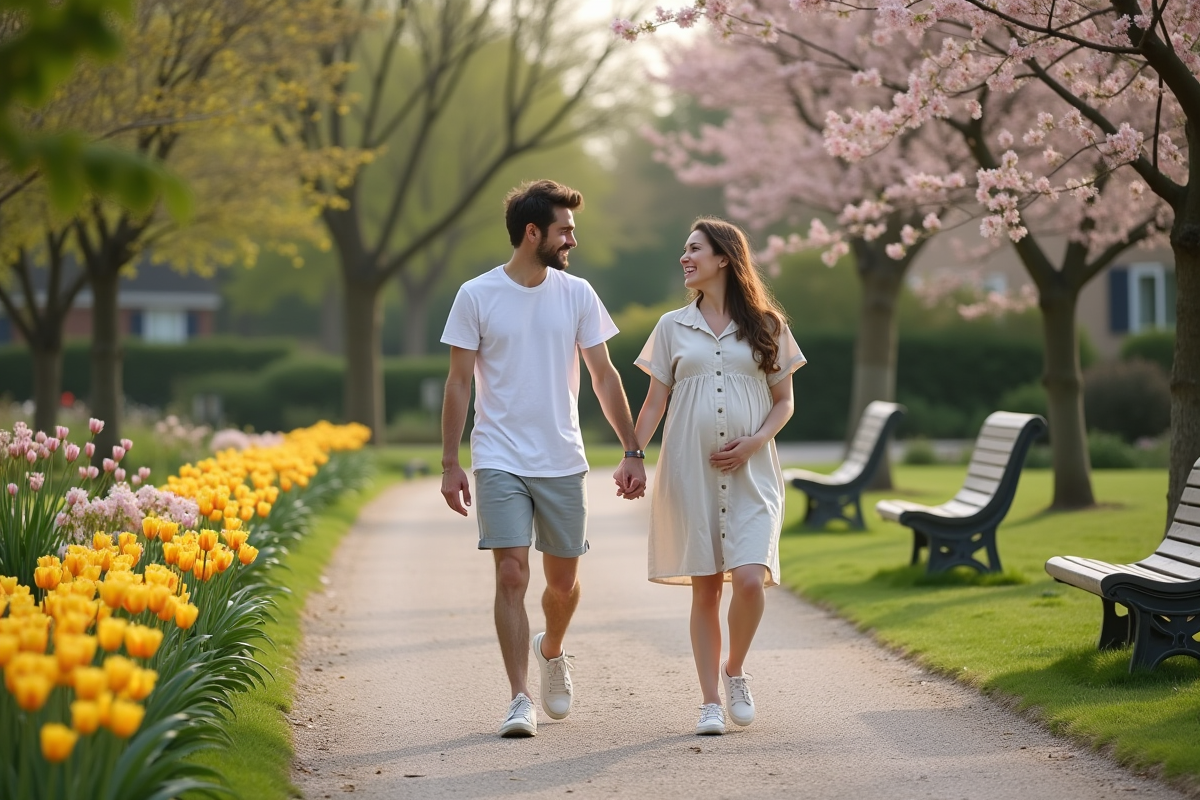 Femme enceinte et son partenaire dans un parc en été