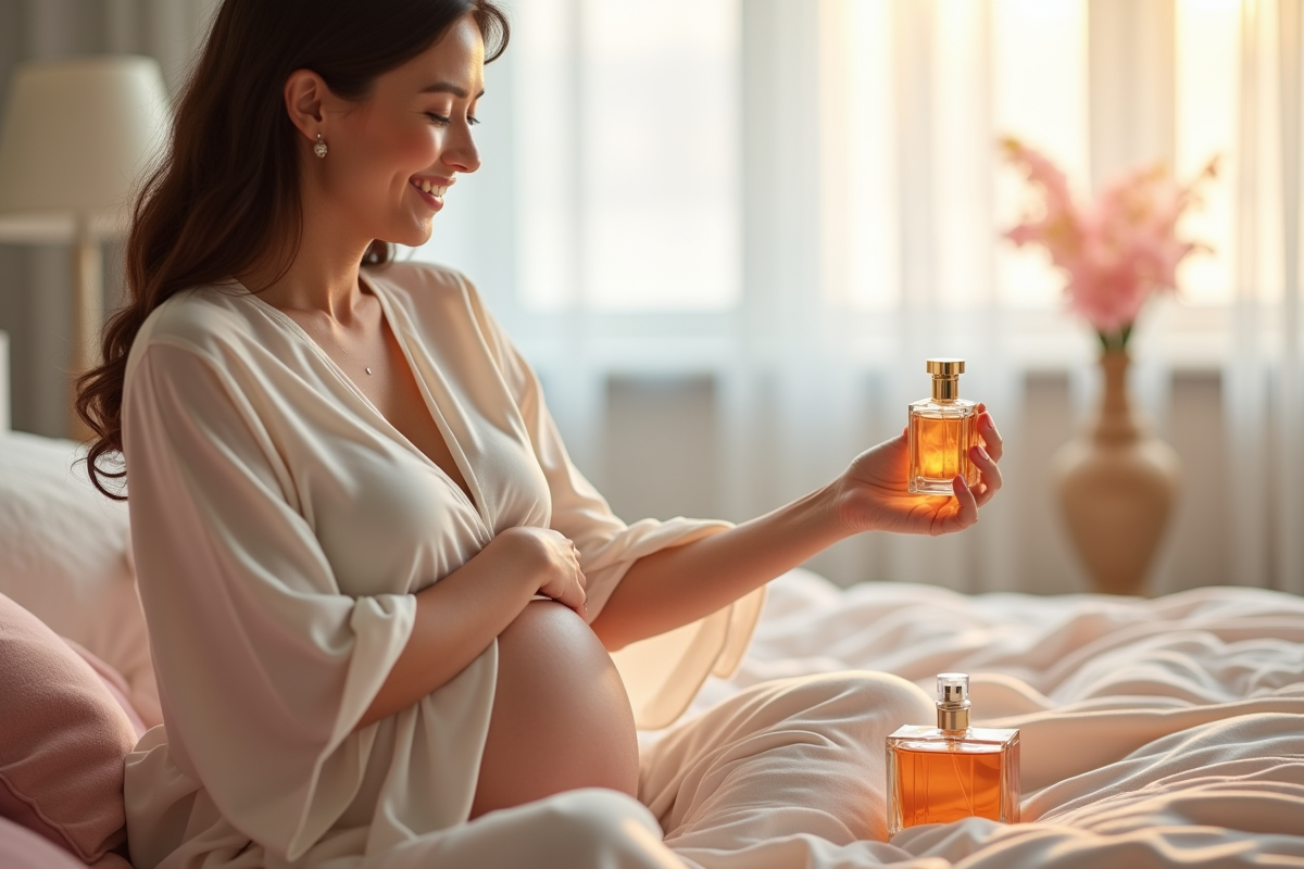 Femme enceinte appliquant du parfum dans une chambre lumineuse