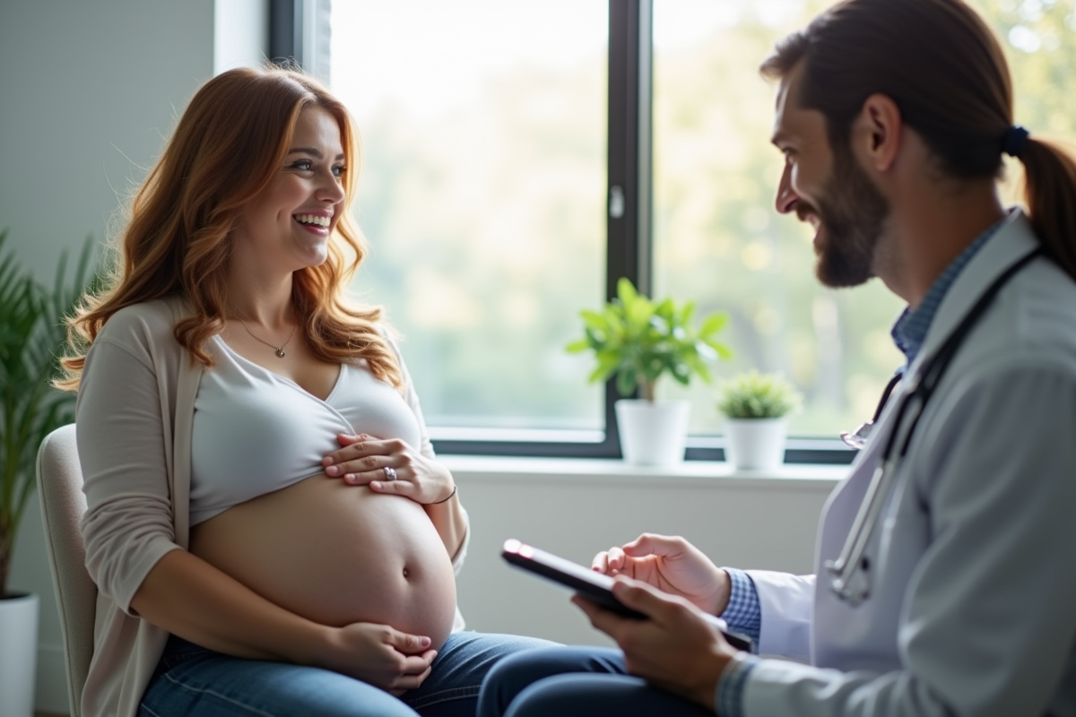 Femme enceinte souriante lors de sa première visite prénatale